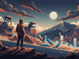 Bergarbeiter in Chile blickt auf Kupferbarren, Lithium-Batterien und fallende Börsenkurse zur Bergbau-Krise 2026.