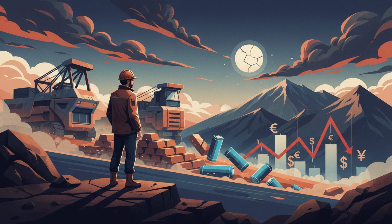 chile-mining-crisis-2026-copper-lithium-shortage.webp Bergarbeiter in Chile blickt auf Kupferbarren, Lithium-Batterien und fallende Börsenkurse zur Bergbau-Krise 2026.
