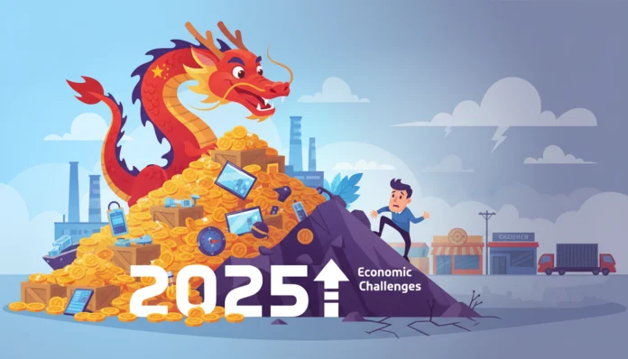 Chinas Handelsüberschuss 2025: Ein Drache auf Goldmünzen neben einem Mann, der einen Hügel wachsender wirtschaftlicher Herausforderungen erklimmt.