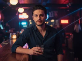 Ein Porträt des Schauspielers Chris Petrovski, der in einer stimmungsvoll beleuchteten Bar sitzt, ein Glas Whisky hält und nachdenklich in die Kamera blickt.