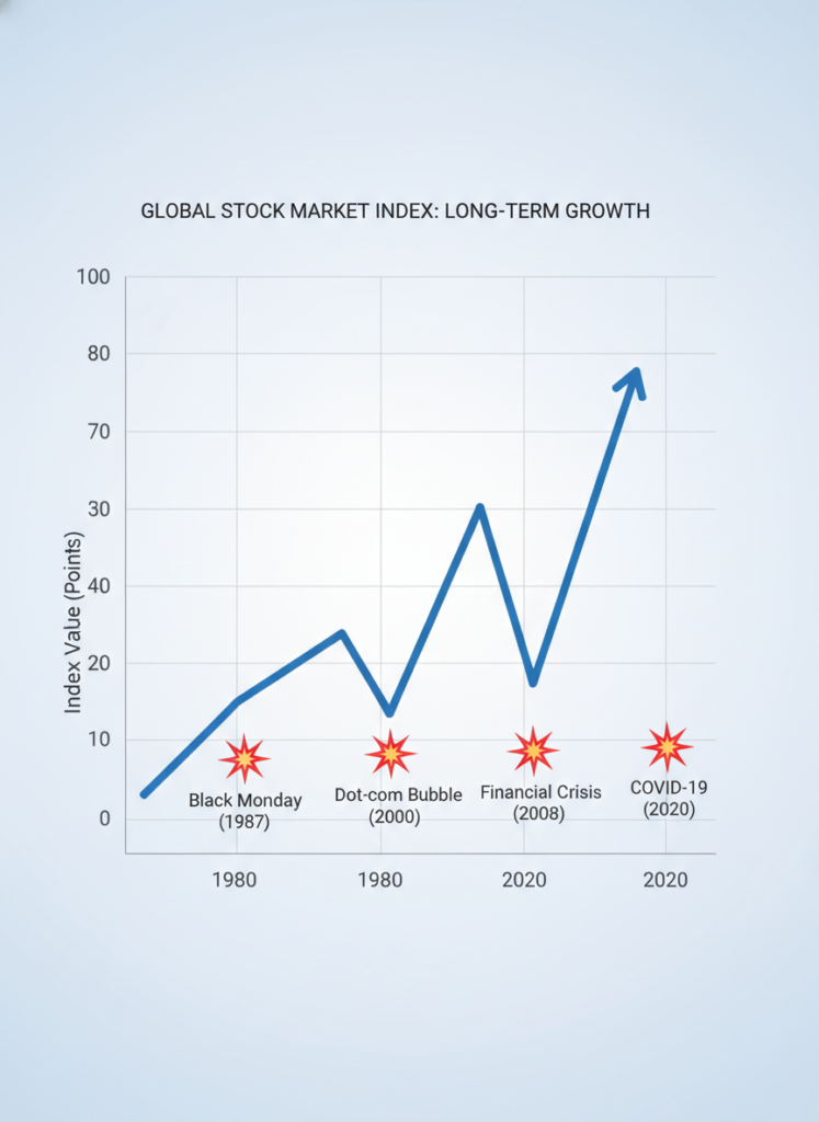 Ein langfristiger Aktienchart, der trotz kurzfristiger Krisen stetig nach oben zeigt.
