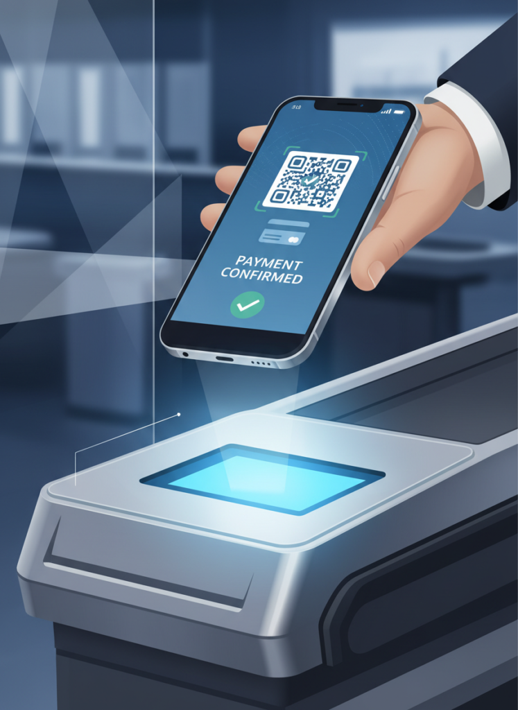 Smartphone mit digitaler Bezahl-App an einer Kaufland SB-Kasse Fig 1: Smartphone mit digitaler Bezahl-App an einer Kaufland SB-Kasse