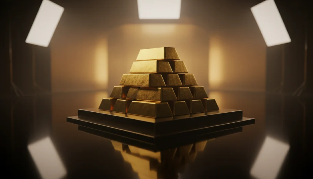 Eine Pyramide aus glänzenden Goldbarren auf einer reflektierenden Plattform in einem professionellen Studio-Setting mit filmischer Softbox-Beleuchtung.