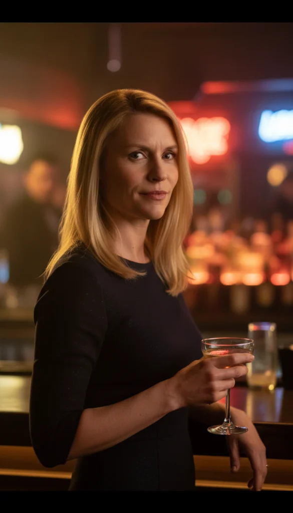 Eine Nahaufnahme der Schauspielerin Claire Danes, die mit einem Cocktailglas in der Hand an einem Tresen steht. Sie trägt ein dunkles Oberteil und blickt ruhig in die Kamera, während im Hintergrund warme Lichter einer Bar zu sehen sind.