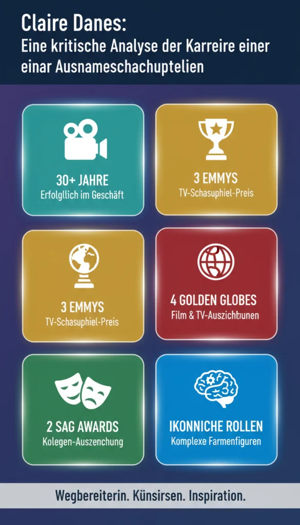 Eine detaillierte Infografik zur Karriere von Claire Danes mit dem Titel 'Claire Danes: Eine kritische Analyse der Karriere einer Ausnahmeschauspielerin'. Die Grafik nutzt einen gewundenen Steinpfad, um ihren Werdegang darzustellen. Sie beginnt mit ihrem frühen Start im Alter von 13 Jahren und dem Durchbruch 1994 mit 'Romeo + Julia'. Ein Porträt der Schauspielerin ist in der Mitte links zu sehen. Weitere Abschnitte behandeln ihre Zeit an der Yale Universität (1998-2000), ihre großen Erfolge mit zahlreichen Awards wie Emmys und Golden Globes, insbesondere während der 'Homeland'-Ära (2011-2020), sowie ihre Wurzeln in einer New Yorker Künstlerfamilie. Den Abschluss bilden aktuelle Projekte wie 'The Essex Serpent' und 'Fleishman Is in Trouble'.
