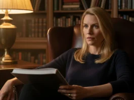 Ein Porträt der Schauspielerin Claire Danes, die nachdenklich in einem braunen Ledersessel in einer Bibliothek sitzt und ein Dokument hält, während eine Schreibtischlampe warmes Licht verbreitet.