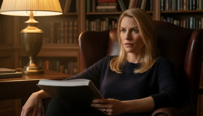Ein Porträt der Schauspielerin Claire Danes, die nachdenklich in einem braunen Ledersessel in einer Bibliothek sitzt und ein Dokument hält, während eine Schreibtischlampe warmes Licht verbreitet.