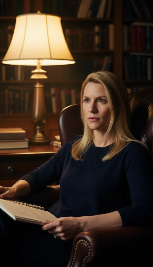Ein Porträt der Schauspielerin Claire Danes, die ernst und nachdenklich in einem braunen Ledersessel vor einem Bücherregal sitzt. Sie trägt einen schlichten dunkelblauen Pullover und hält ein aufgeschlagenes Notizbuch. Eine warme Schreibtischlampe im Hintergrund beleuchtet die Szene und unterstreicht die intellektuelle und konzentrierte Atmosphäre.