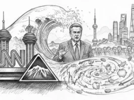 Friedrich Merz vor CNN-Paramount-Logos und China-Skyline zeigt das Medien-Beben 2026 und Auswirkungen auf das Depot.