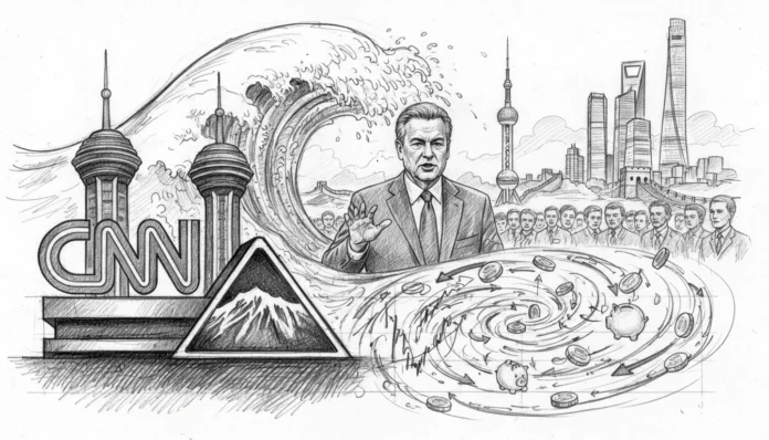 Friedrich Merz vor CNN-Paramount-Logos und China-Skyline zeigt das Medien-Beben 2026 und Auswirkungen auf das Depot.