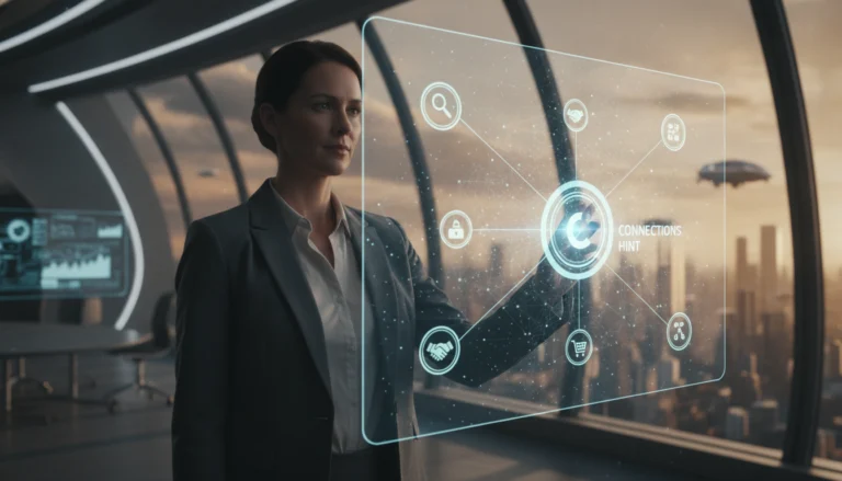 Geschäftsfrau bedient ein leuchtendes Display mit einem Connections Hint Netzwerk für Sichtbarkeit im KI-Zeitalter.