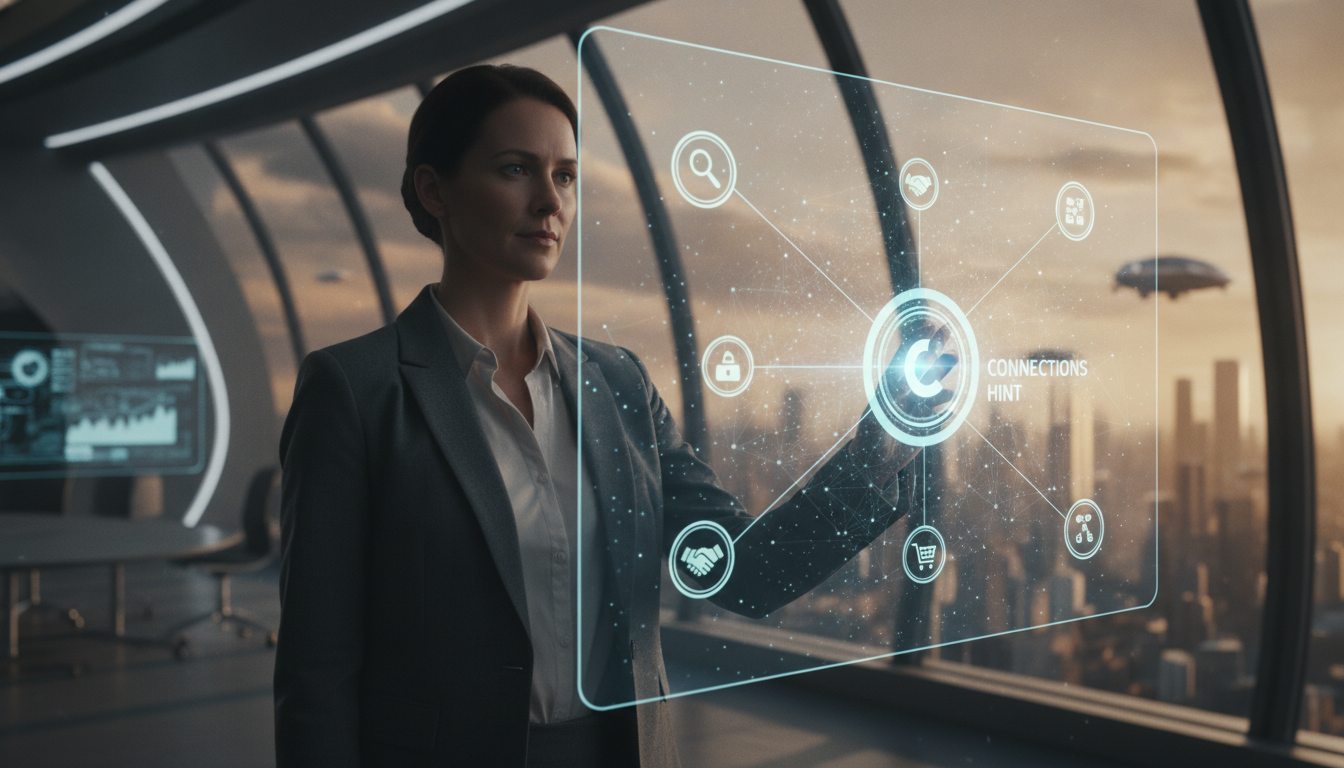 Geschäftsfrau bedient ein leuchtendes Display mit einem Connections Hint Netzwerk für Sichtbarkeit im KI-Zeitalter.
