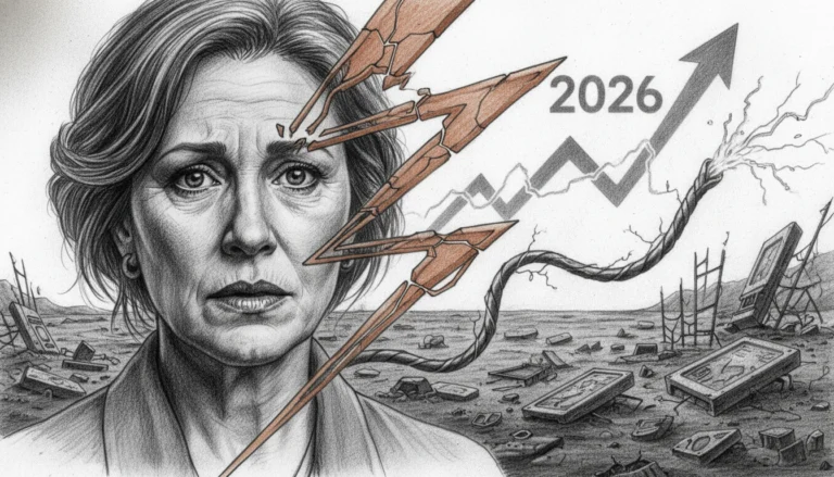 Besorgte Frau vor Kupfer-Blitzen und einem steigenden Preischart, symbolisiert den Kupferpreis-Schock im Jahr 2026.