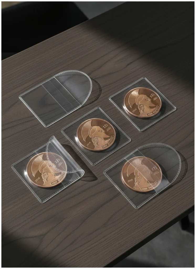Four copper-colored coins featuring a Spartan helmet and a Bitcoin symbol are placed inside clear plastic protective sleeves on a dark wood-grained surface, with one empty sleeve beside them.
