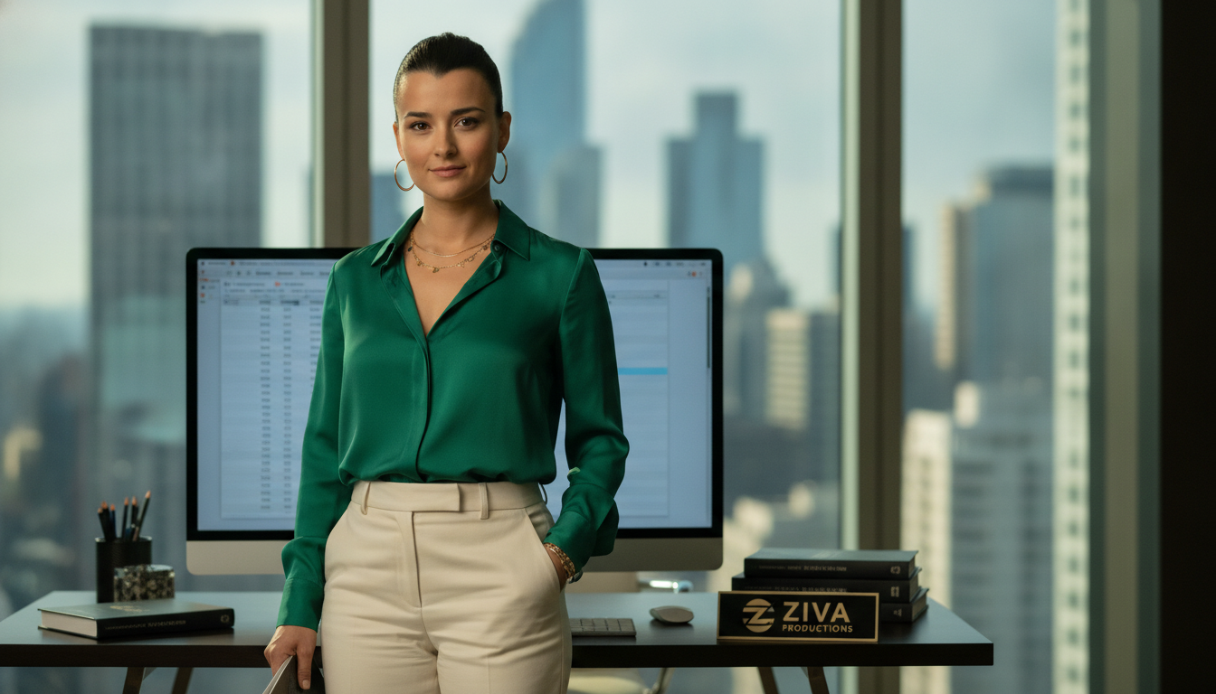 Erfolgreiche Schauspielerin Cote de Pablo im modernen Büro mit Skyline-Blick verdeutlicht ihr Vermögen.