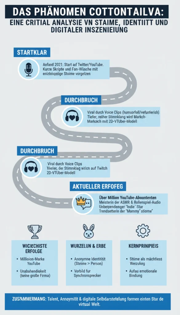Eine Illustration vor einem tropischen Strandhintergrund bei Sonnenuntergang. Der Text oben lautet 'Das Phänomen CottontailVA: Eine kritische Analyse von Stimme, Identität und digitaler Inszenierung'. In der Bildmitte befinden sich vernetzte Symbole für Audiowellen, ein Hasen-Logo und digitale Benutzerprofile, die eine analytische Auseinandersetzung mit einer virtuellen Identität visualisieren.
