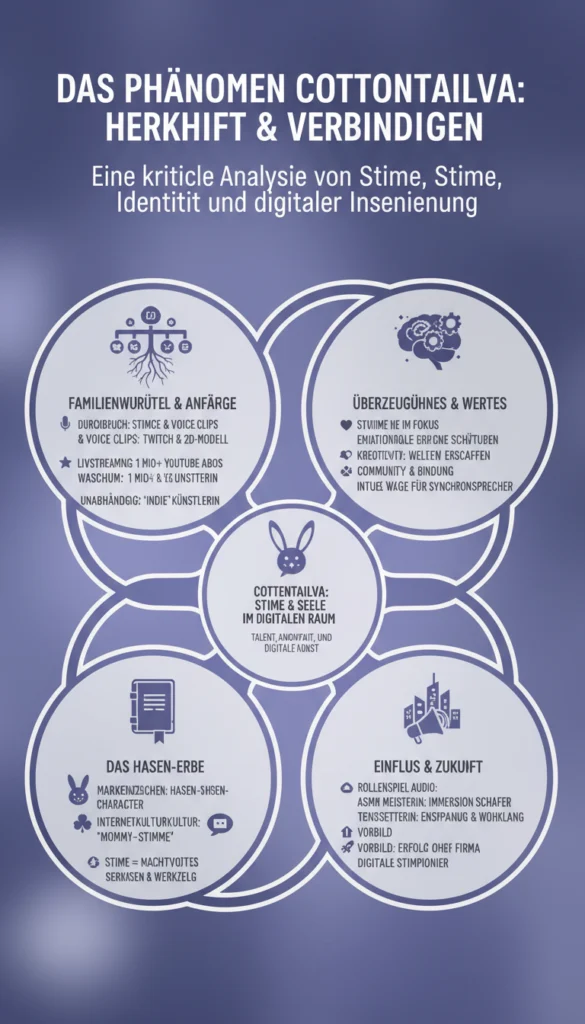 Eine Infografik mit dem Titel 'DAS PHÄNOMEN COTTONTAILVA', die den Werdegang und die Analyse einer VTuberin darstellt. Ein geschlängelter Straßenpfad führt durch verschiedene Meilensteine: 'STARTKLAR' (Anfang 2021 auf Twitter/YouTube), zwei 'DURCHBRUCH'-Phasen (virale Voice-Clips und 2D-VTuber-Modell) bis hin zum 'AKTUELLER ERFOFEG' mit über einer Million YouTube-Abonnenten. Im unteren Bereich fassen drei Boxen 'WICHTIGSTE ERFOLGE', 'WURZELN & ERBE' und 'KERNPRINZIPIEN' zusammen, wobei Themen wie anonyme Identität, Unabhängigkeit und die Stimme als emotionales Werkzeug betont werden. Der Text im Bild weist diverse Tippfehler auf.