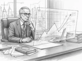 Geschäftsmann analysiert CPI-Daten 2026 Grafik zur privaten Rentenanpassung am Schreibtisch vor Stadtkulisse.