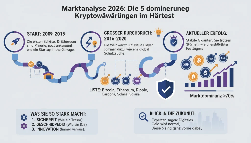 Marktanalyse 2026: Die 5 dominierenden Kryptowährungen im Härtetest 1 Eine Infografik mit dem Titel 'Marktanalyse 2026: Die 5 dominierenden Kryptowährungen im Härtetest'. Sie visualisiert die Entwicklung von Kryptowährungen über einen Zeitstrahl von den Anfängen (2009-2015) über den Durchbruch (2016-2020) bis zum aktuellen Erfolg. Als die fünf führenden Währungen werden Bitcoin, Ethereum, Ripple, Cardano und Solana aufgeführt, die gemeinsam über 70% des Marktes dominieren. Die Grafik nennt Sicherheit, Geschwindigkeit und Innovation als Erfolgsfaktoren und gibt einen positiven Ausblick auf die Zukunft von digitalem Geld.