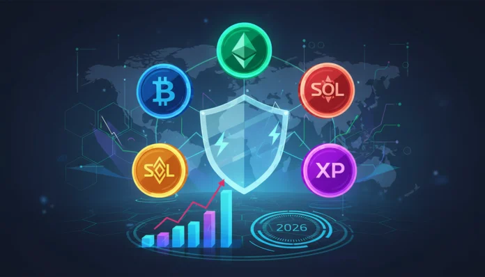 crypto-market-analysis-2026-top-currencies-shield-graph Eine futuristische Grafik zur Marktanalyse 2026 zeigt fünf führende Kryptowährungen, darunter Bitcoin und Ethereum, die um einen zentralen Schutzschild angeordnet sind. Ein steigendes Balkendiagramm mit einem roten Pfeil im Vordergrund symbolisiert Wachstum und Sicherheit vor einer Weltkarte.