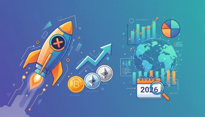 Eine illustrative Grafik zum Thema Kryptowährungs-Trends für das Jahr 2026. Links sieht man eine startende Rakete als Symbol für explodierende Kurse, daneben Bitcoin- und Ethereum-Münzen mit einem aufsteigenden Trendpfeil. Die rechte Seite zeigt verschiedene Diagramme, eine Weltkugel und einen Kalender mit der Aufschrift 2026 unter einer Lupe, was eine datenbasierte Zukunftsanalyse darstellt.