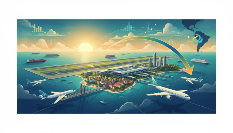 Curaçao-Illustration mit Flugzeugen und Charts zum makroökonomischen Wandel durch neue LATAM-Routen ab 2026.