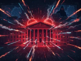 Eine dramatische digitale Illustration, die einen massiven Cyberangriff auf den deutschen Finanzsektor darstellt. Ein klassisches Bankgebäude im Zentrum wird von unzähligen glühenden roten Pfeilen und Lichtstrahlen bombardiert, was die hohe Frequenz von Attacken symbolisiert. Im Hintergrund ist die Silhouette eines Hackers an einem Laptop vor digitalen Bildschirmen mit Deutschland-Karten zu sehen, eingebettet in eine technologische Ästhetik mit Schaltkreis-Mustern.