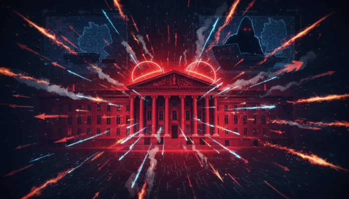 Eine dramatische digitale Illustration, die einen massiven Cyberangriff auf den deutschen Finanzsektor darstellt. Ein klassisches Bankgebäude im Zentrum wird von unzähligen glühenden roten Pfeilen und Lichtstrahlen bombardiert, was die hohe Frequenz von Attacken symbolisiert. Im Hintergrund ist die Silhouette eines Hackers an einem Laptop vor digitalen Bildschirmen mit Deutschland-Karten zu sehen, eingebettet in eine technologische Ästhetik mit Schaltkreis-Mustern.