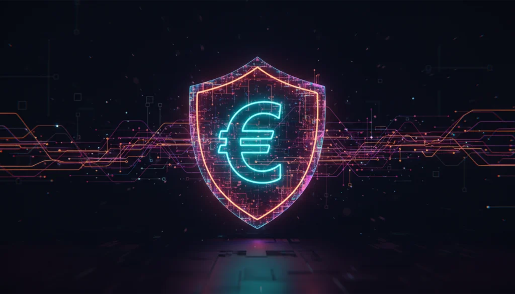 Abstrakte Visualisierung eines leuchtenden Euro-Symbols, das von einem digitalen Schutzschild aus neonfarbenen Datenströmen und Schaltkreis-Linien in einem futuristischen, dunklen Raum geschützt wird.