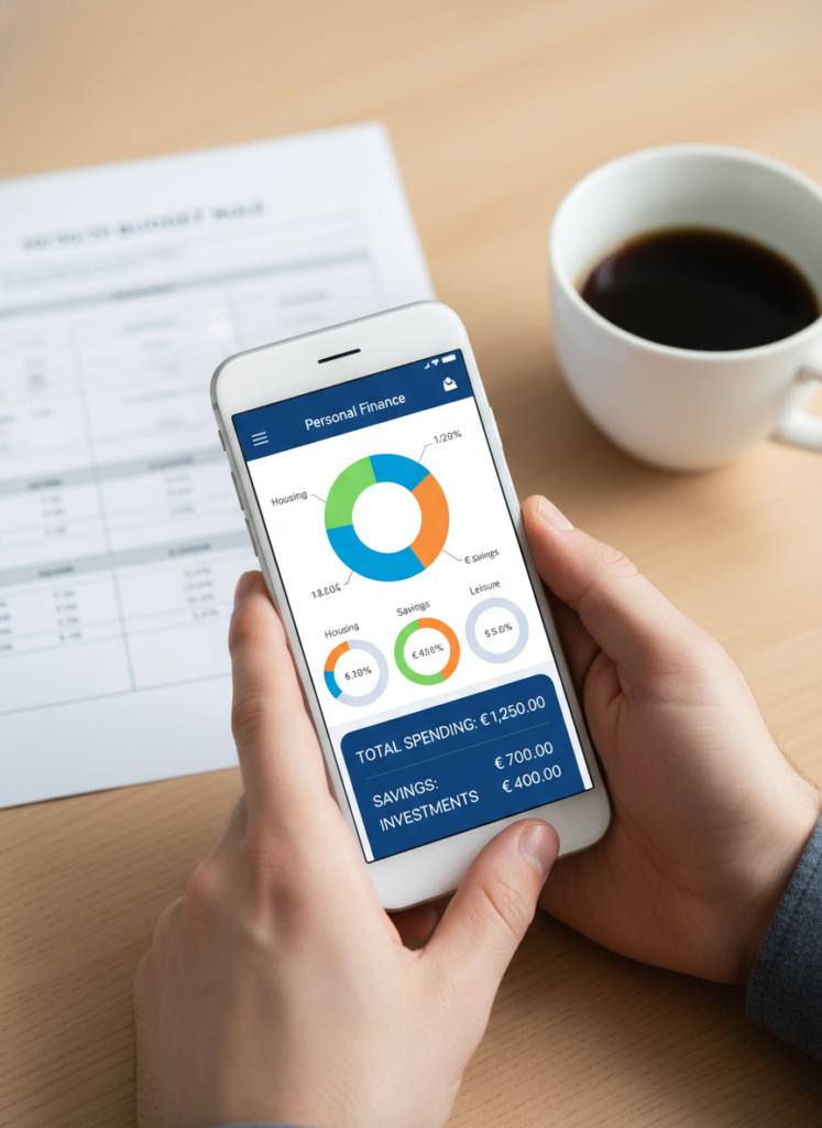 Smartphone mit Haushaltsbuch-App und Budgetierung Fig 1: Smartphone mit Haushaltsbuch-App und Budgetierung