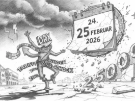 Stick-Figur mit DAX-Kopf tanzt trotz Ketten und Zoll-Schock vor 25.000-Zahlen und Datum 24. Februar 2026.