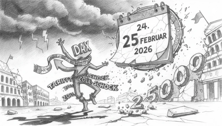 Stick-Figur mit DAX-Kopf tanzt trotz Ketten und Zoll-Schock vor 25.000-Zahlen und Datum 24. Februar 2026.