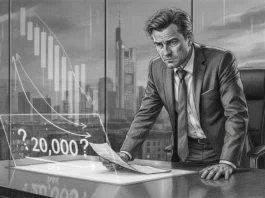 Besorgter Banker analysiert fallende DAX Prognose Ende 2026 und den 20.000-Punkte-Schwindel am digitalen Chart.