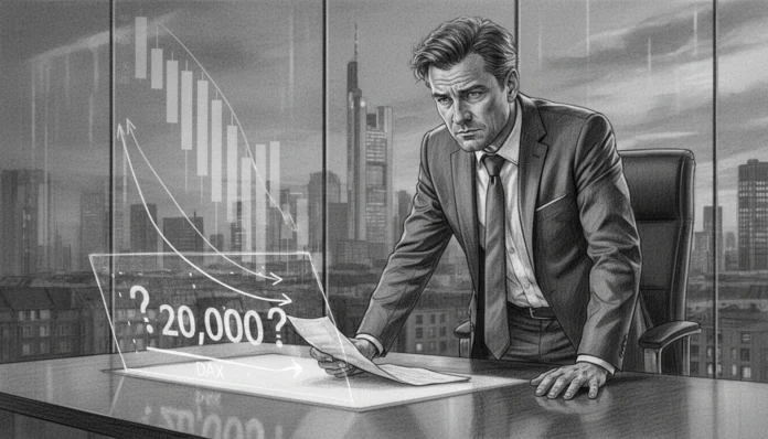 Besorgter Banker analysiert fallende DAX Prognose Ende 2026 und den 20.000-Punkte-Schwindel am digitalen Chart.