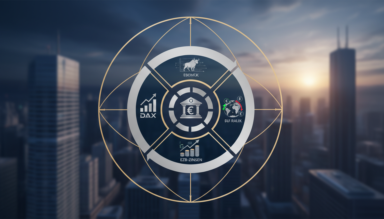 dax-zyklus-makro-prinzipien-ezb-zinsen.webp DAX-Zyklus Infografik mit EZB-Zinsen und Makro-Prinzipien vor einer Stadtkulisse bei Sonnenuntergang.
