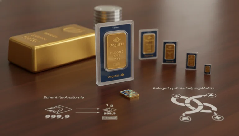 Verschiedene Degussa Goldbarren in allen Größen auf edlem Holztisch zur Übersicht von Werten und Preisen für Anleger.