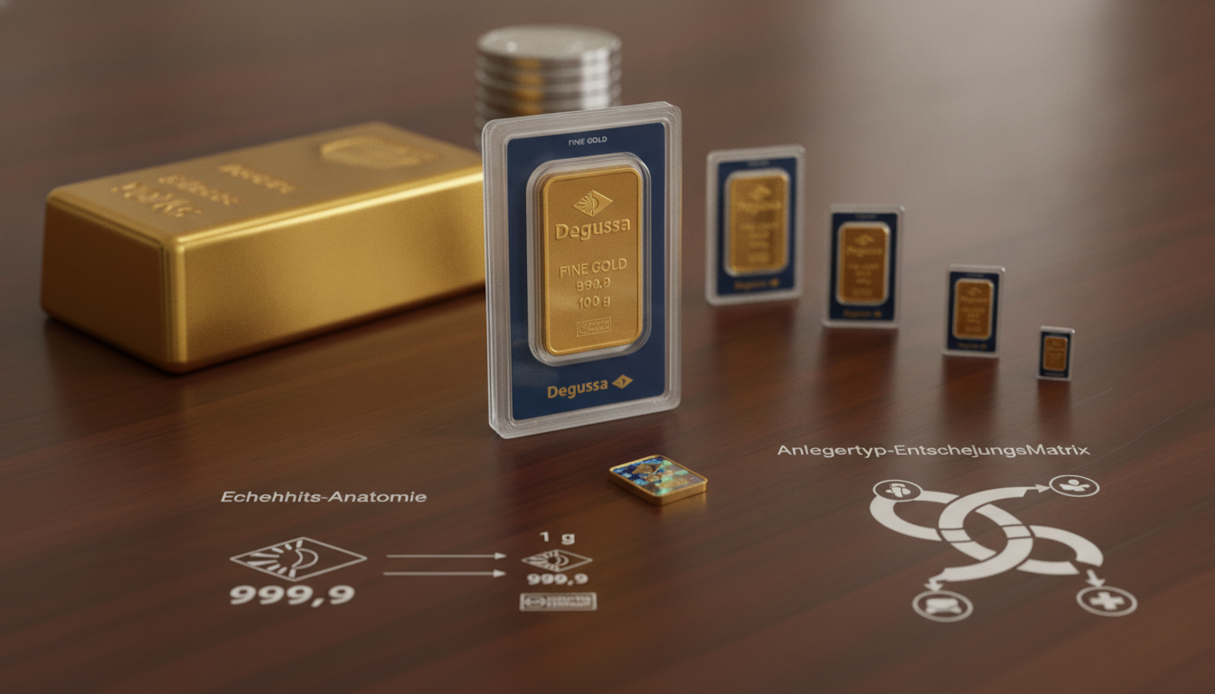 Verschiedene Degussa Goldbarren in allen Größen auf edlem Holztisch zur Übersicht von Werten und Preisen für Anleger.