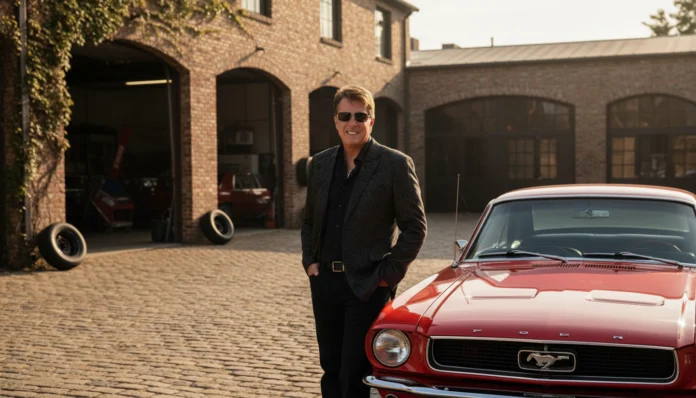 Dennis Collins posiert mit einem roten Ford Mustang Oldtimer vor einer Werkstatt aus Backstein.