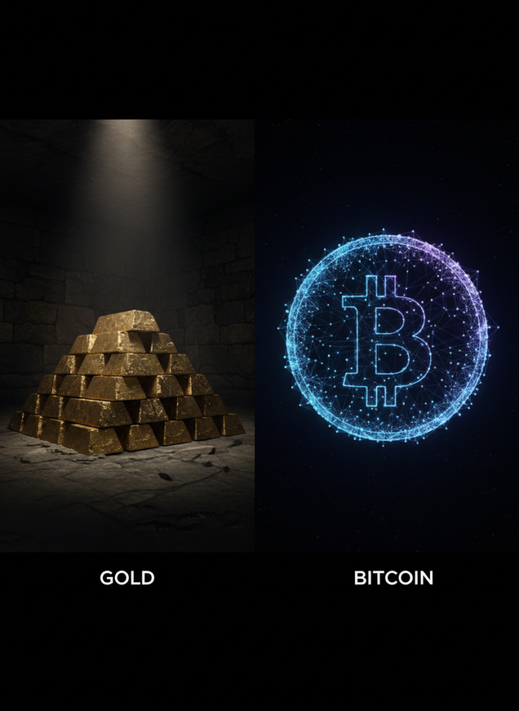 Kontrast zwischen physischen Goldbarren und einem digitalen Bitcoin-Netzwerk