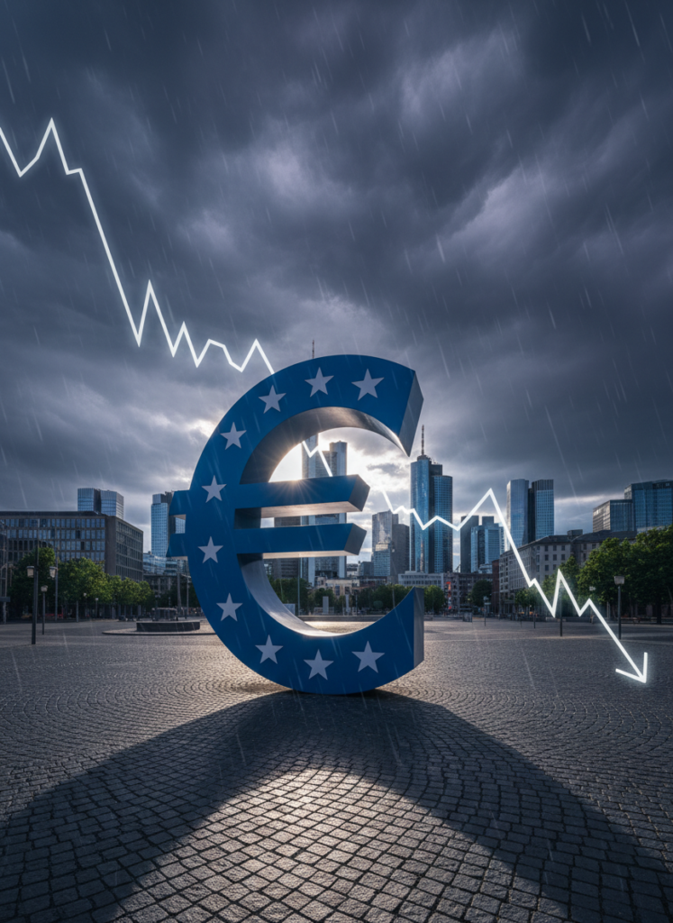 Euro-Symbol in Frankfurt unter Gewitterwolken mit sinkenden Finanzgraphen