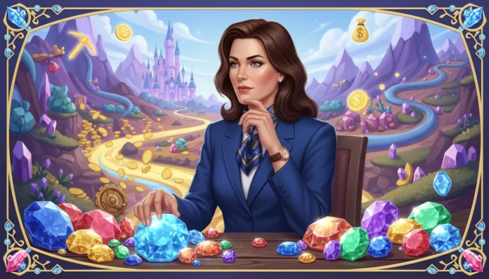 Illustration: Frau im Anzug analysiert Edelsteine am Tisch vor einer Disney-ähnlichen Schlosskulisse.