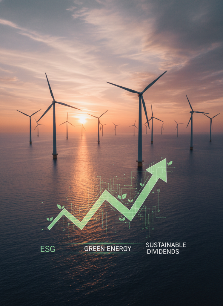 Beste Dividendenaktien 2026: Der einfache Weg für Anleger 3 Windkraftanlagen bei Sonnenaufgang als Symbol für nachhaltige ESG Dividendenaktien.