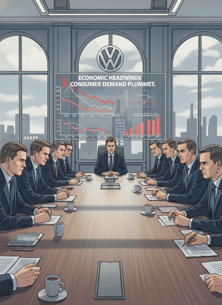 Der VW E-Auto Strategiewechsel 2026 & Folgen für Käufer 1 Volkswagen Vorstandsebene mit Diagrammen zu Konsumentennachfrage