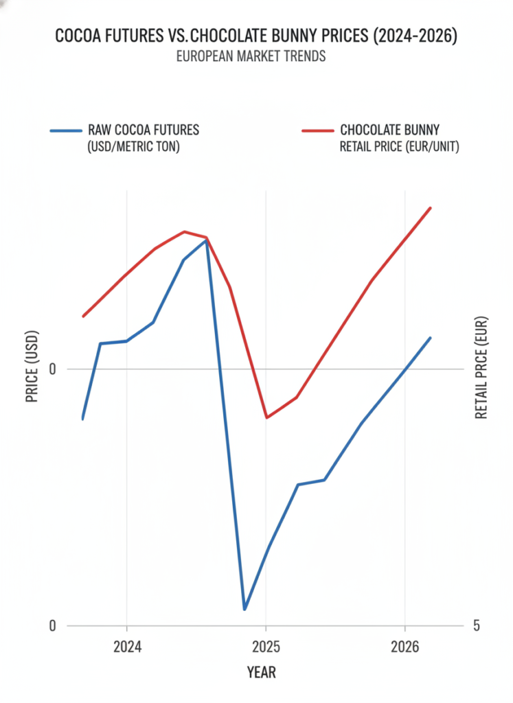 Liniendiagramm, das die Divergenz zwischen sinkenden Kakaopreisen an der Börse und steigenden Schokoladenpreisen im Supermarkt im Jahr 2026 zeigt. Fig 1: Liniendiagramm, das die Divergenz zwischen sinkenden Kakaopreisen an der Börse und steigenden Schokoladenpreisen im Supermarkt im Jahr 2026 zeigt.