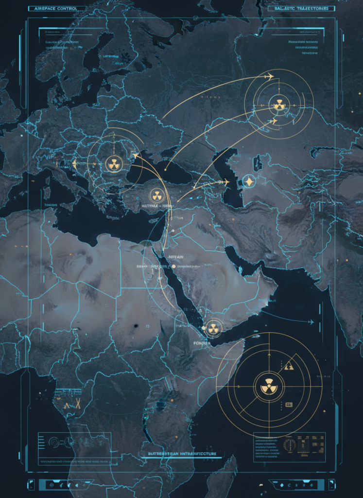 Geopolitische Eskalation: US-israelische Luftschläge im Iran und Ihr Vermögen 1 Fig 1: Taktische digitale Karte des Nahen Ostens, die die Entfernungen und militärischen Flugrouten zwischen Israel und Iran visualisiert.