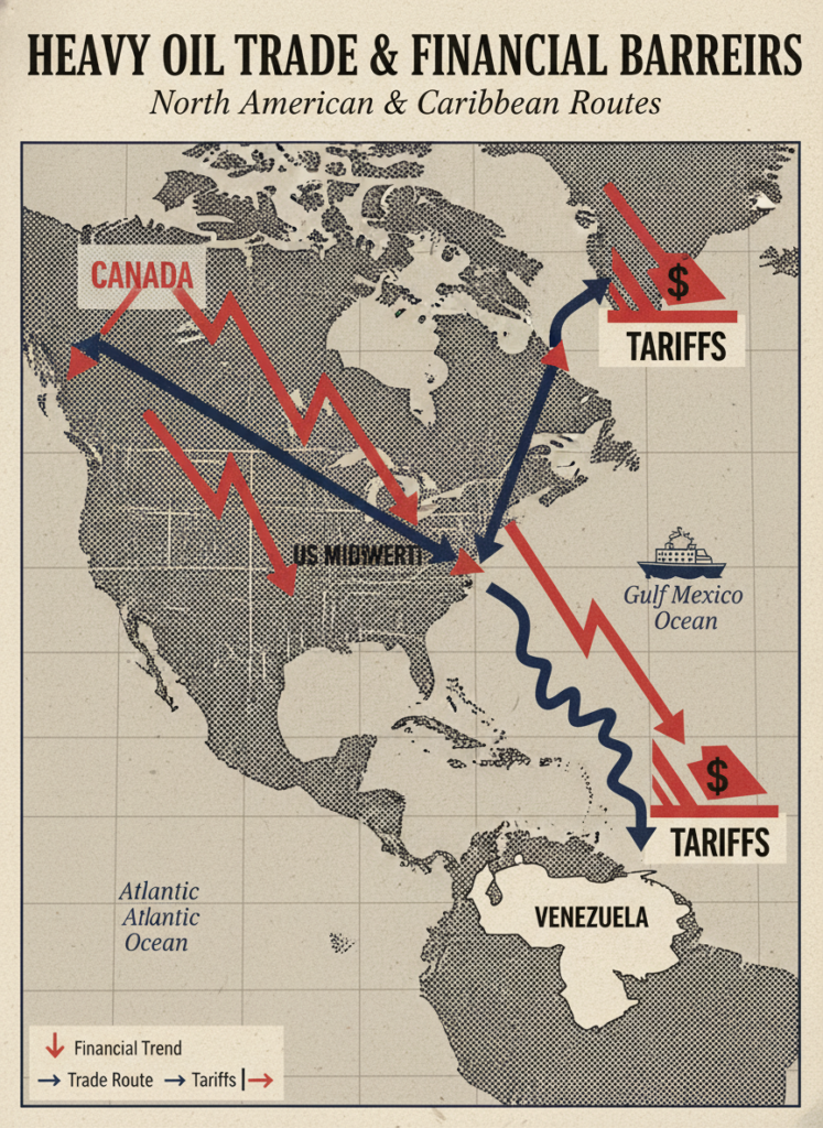 Grafik der Öl-Handelsrouten zwischen Kanada, USA und Venezuela mit Zollbarrieren