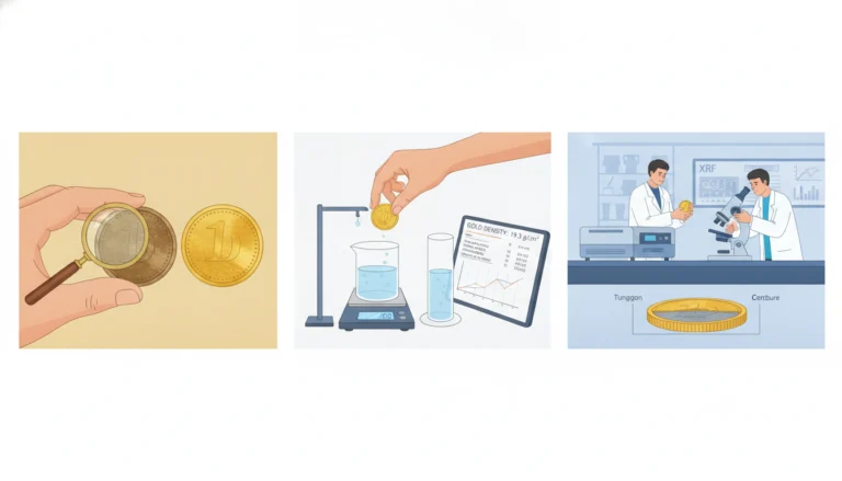 Drei Schritte, um gefälschte Goldmünzen zu erkennen: Visuelle Prüfung mit Lupe, Dichtetest und Laboranalyse im Prüf-Guide.