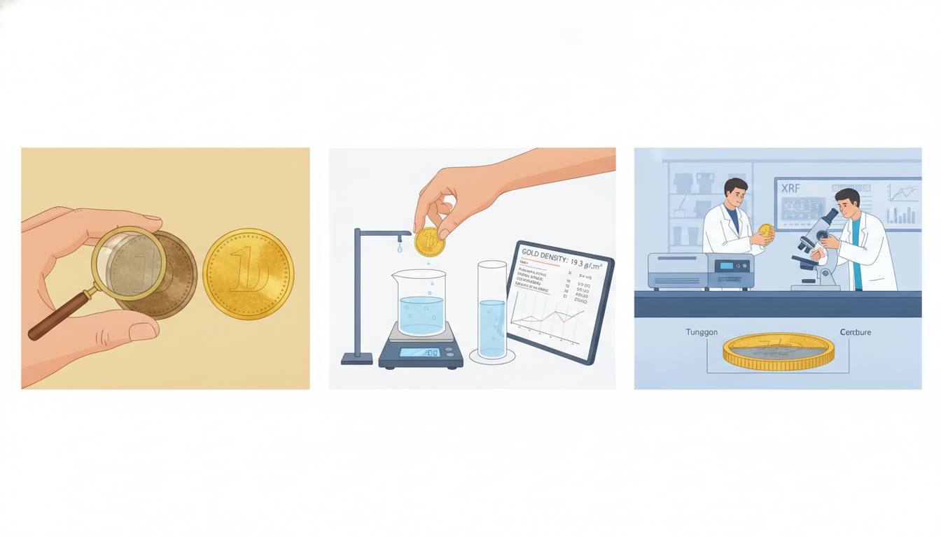 Drei Schritte, um gefälschte Goldmünzen zu erkennen: Visuelle Prüfung mit Lupe, Dichtetest und Laboranalyse im Prüf-Guide.