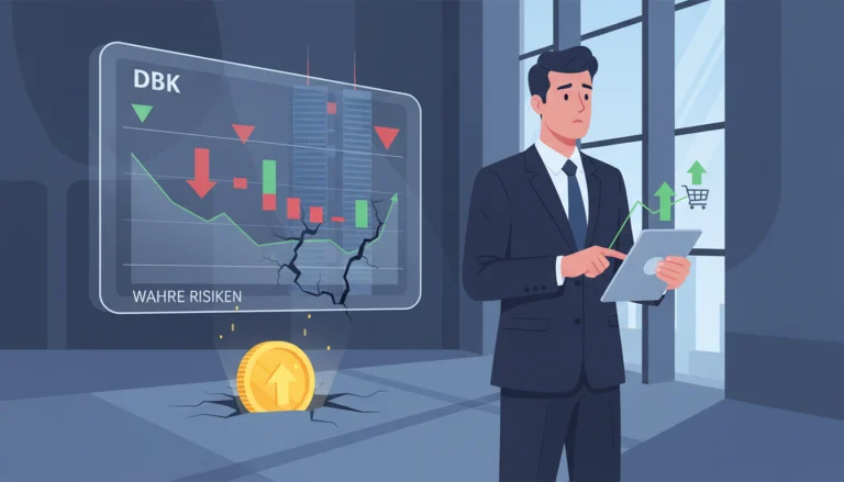 Analyst vor rissigem DBK-Aktienchart zu wahren Risiken. Eine Goldmünze im Boden symbolisiert neue Kaufchancen beim Rücksetzer.