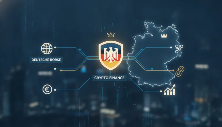 Bundesadler-Wappen verbindet Deutsche Börse und Crypto Finance mit Deutschlandkarte zur Symbolisierung von BaFin-Lizenzen.